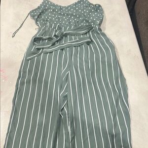June & Hudson Green Jumpsuit with Vertical Stripes